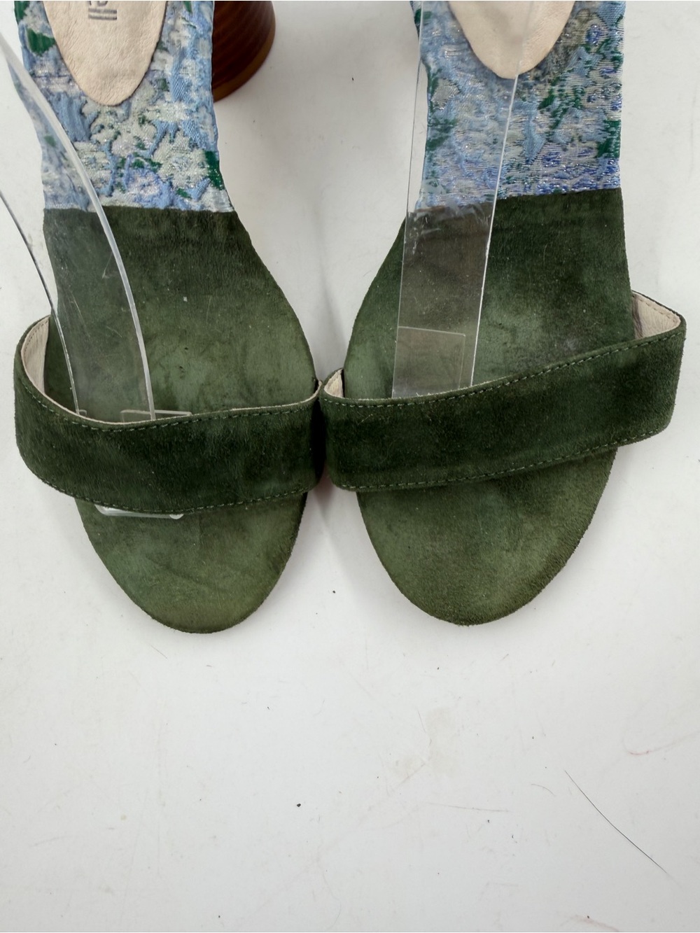 Jeffrey Campbell Purdy Blue Fabric Floral -SZ 8- Green Suede Block Heels Sandals - Picture 9 of 14